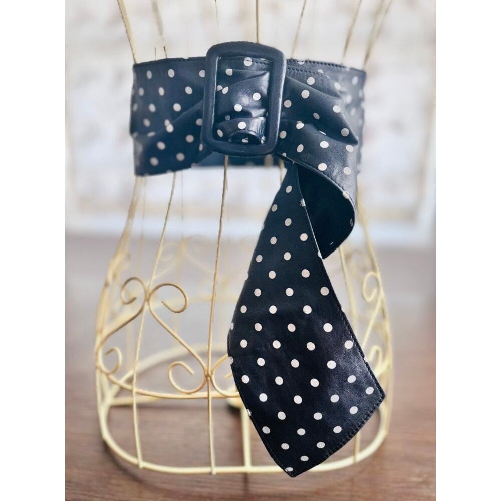 Vintage Neiman Marcus Made in Italy Navy Polka Dot Wide Waist Belt Medium